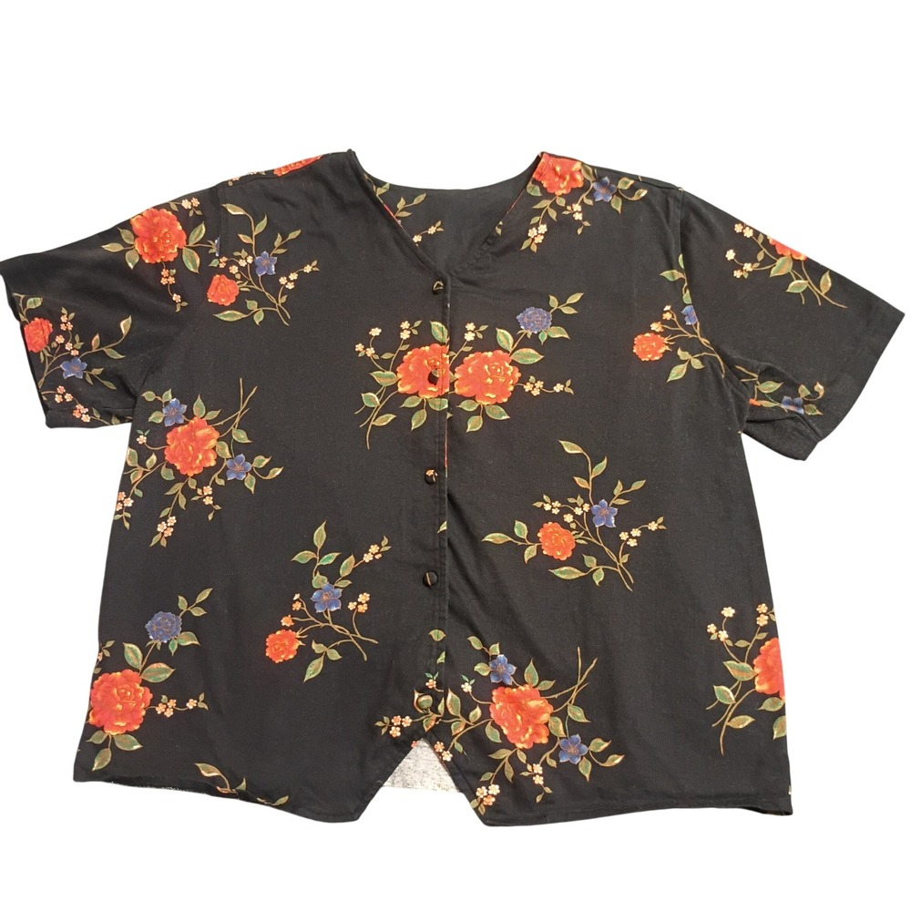 Capacity Woman Button Down Shirt Women 2X Black Floral Cotton Tie Back Vintage